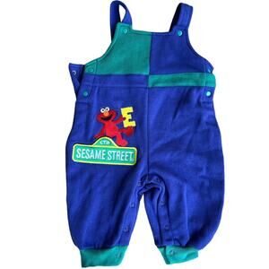 Vintage Sesame Street Elmo Color Block Overalls Baby 12M Blue Green Romper READ